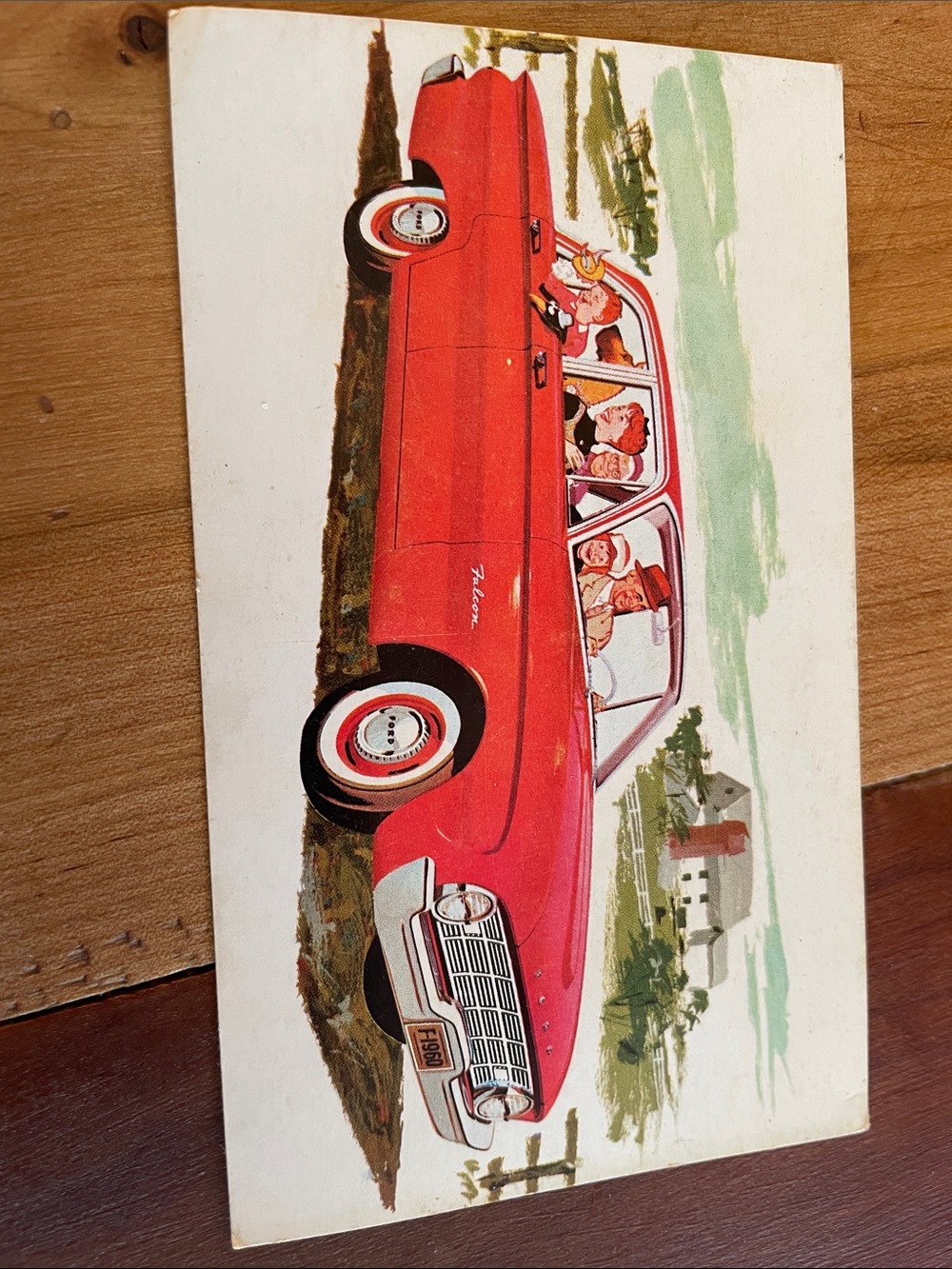 Postcard -Vintage Red 60 ford falcon fordor sedan